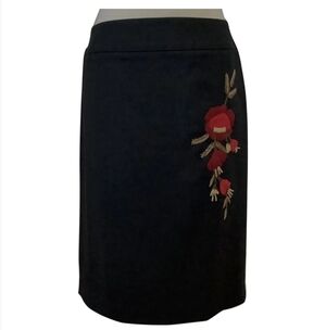Ann Taylor Loft Black Pencil Skirt with Red Floral Embroidery